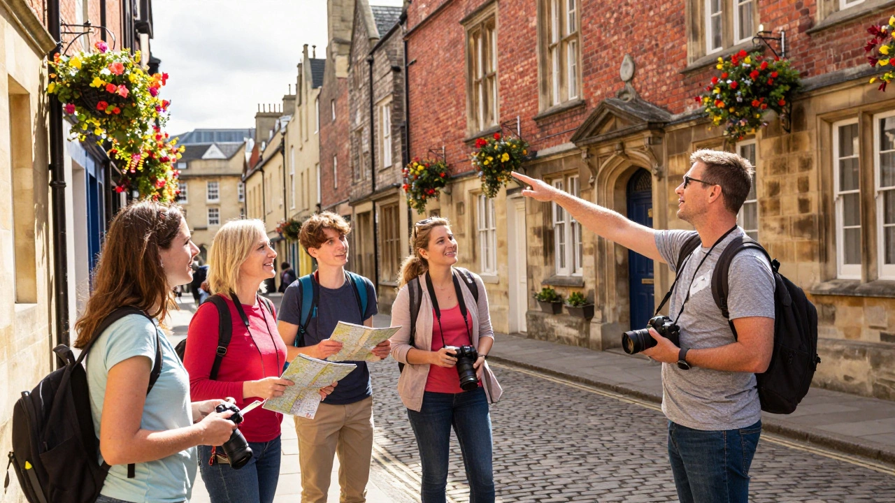 Tourists joining a free walking tour in a historic UK city
