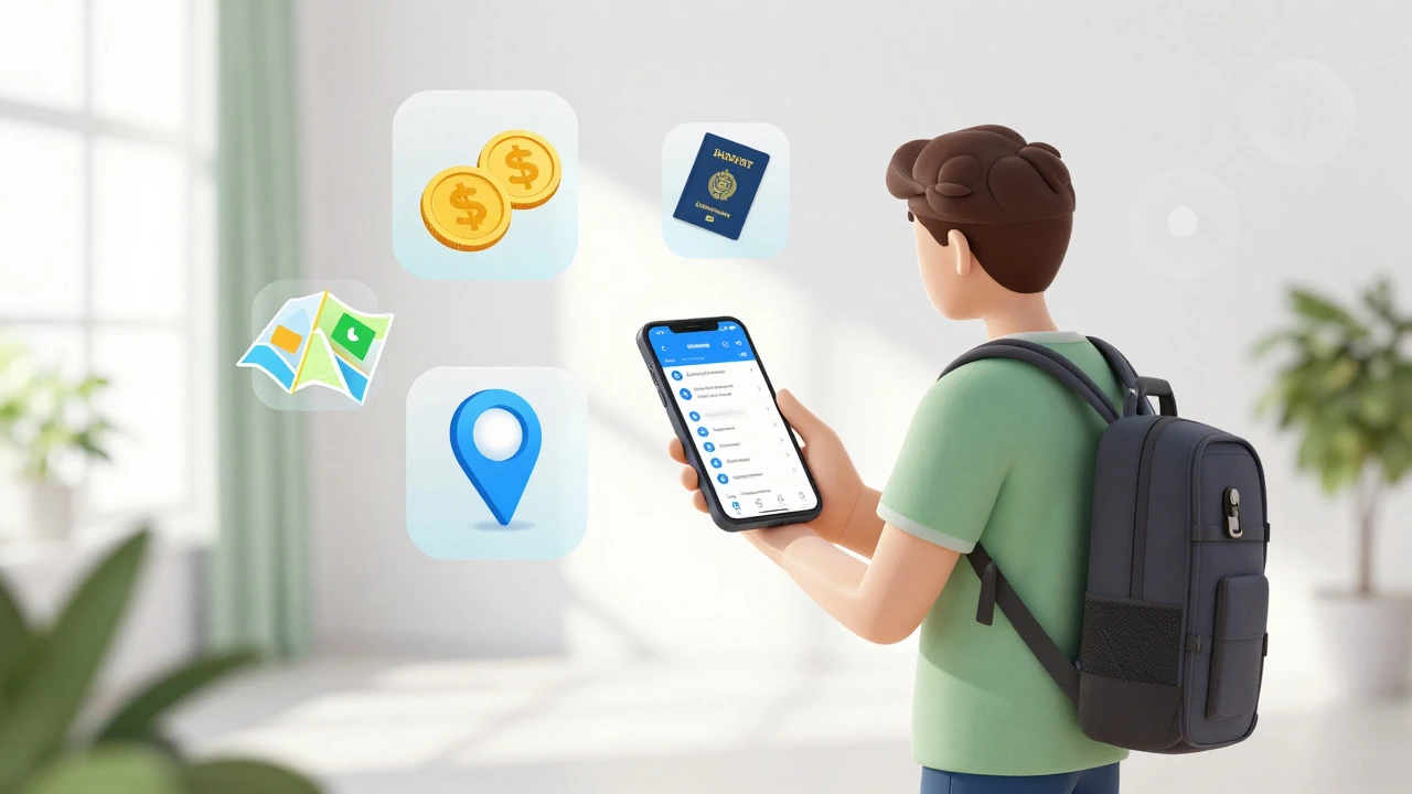 Traveler using smartphone to find cheap flights in a bright room