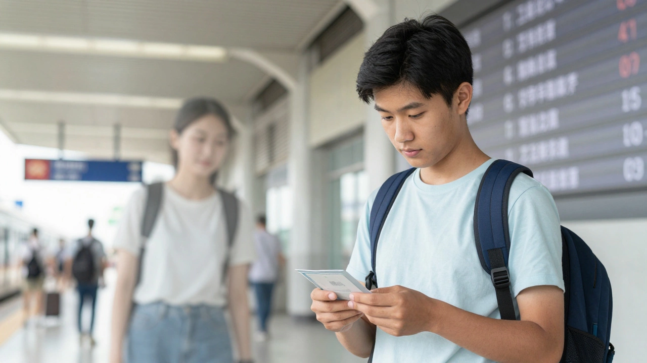 Young adult confidently navigating train station alone