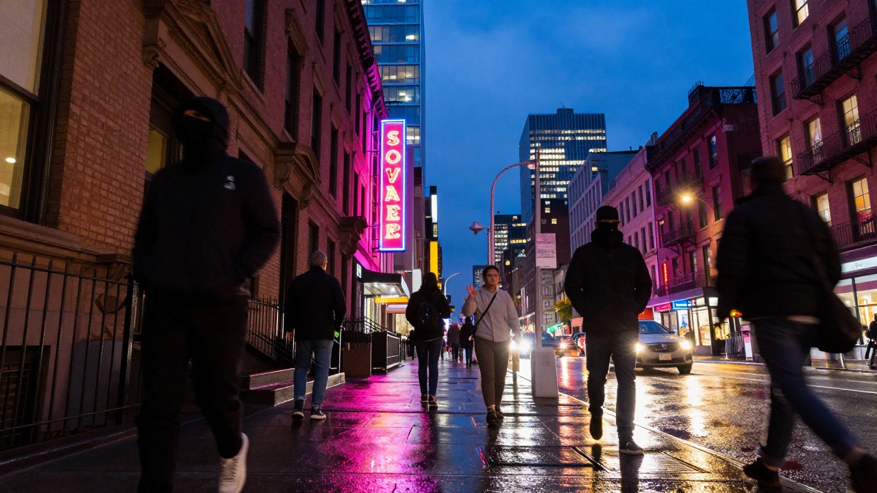 Busy New York City street at twilight with neon lights reflecting on wet pavement