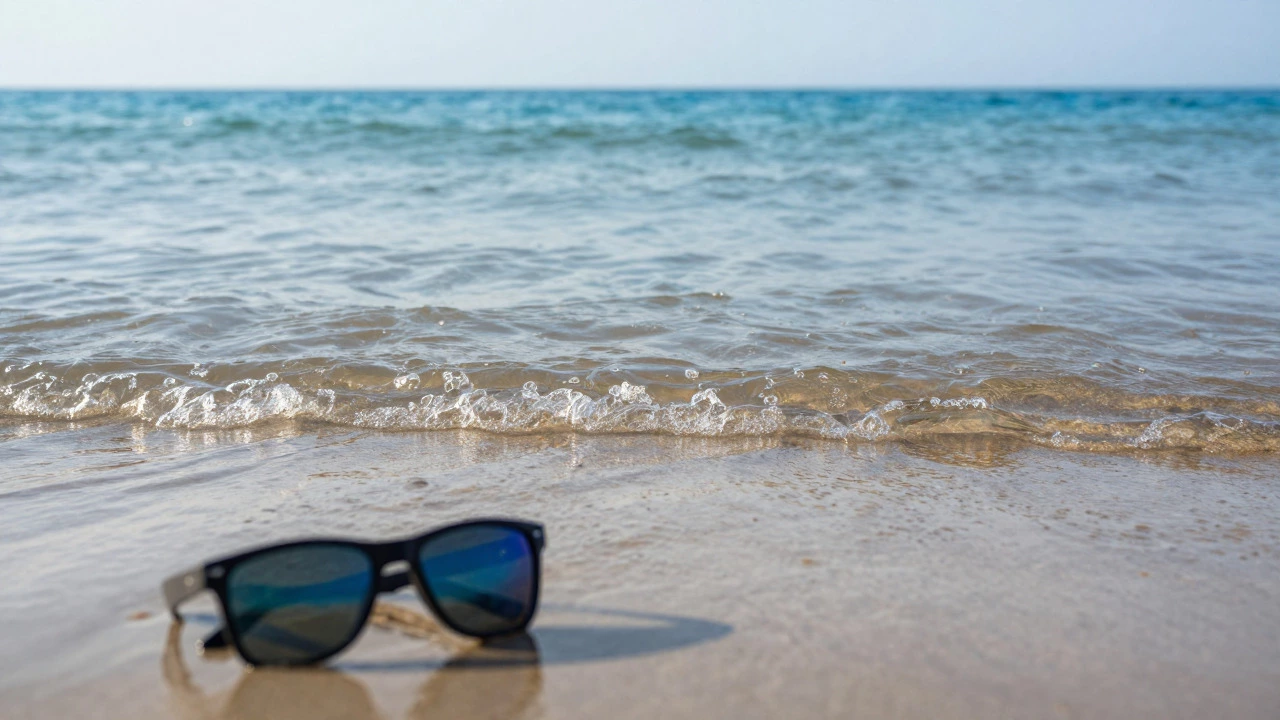 Close-up of clear blue ocean waves with polarized sunglasses on the sand