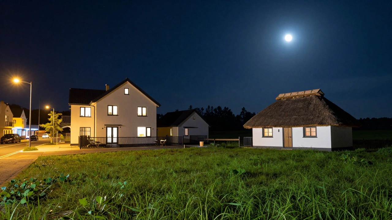 Comparison of a modern house near a town and a secluded rural cottage at night