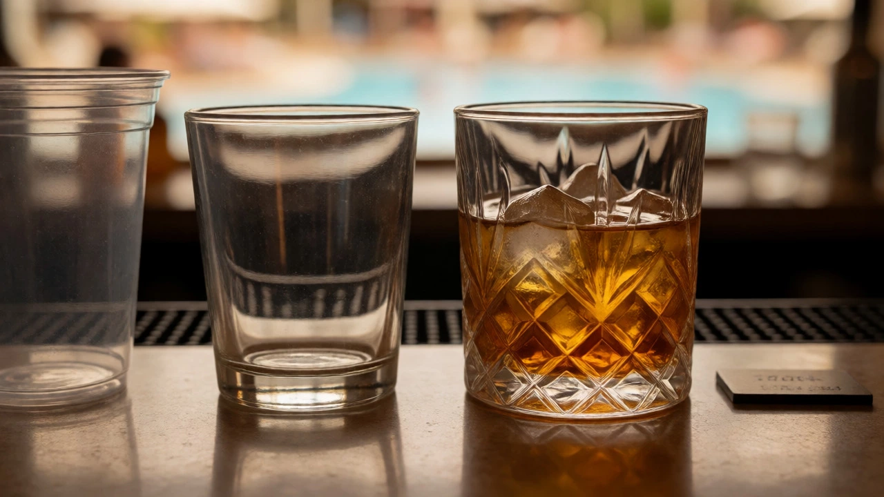 Comparison of a standard house drink and a premium spirit on a resort bar counter.