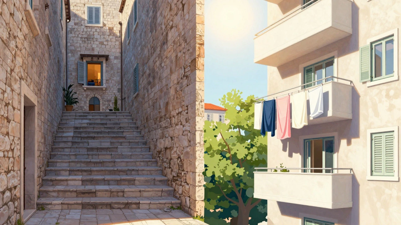 Contrast between historic palace stairs and a modern apartment balcony in Split.