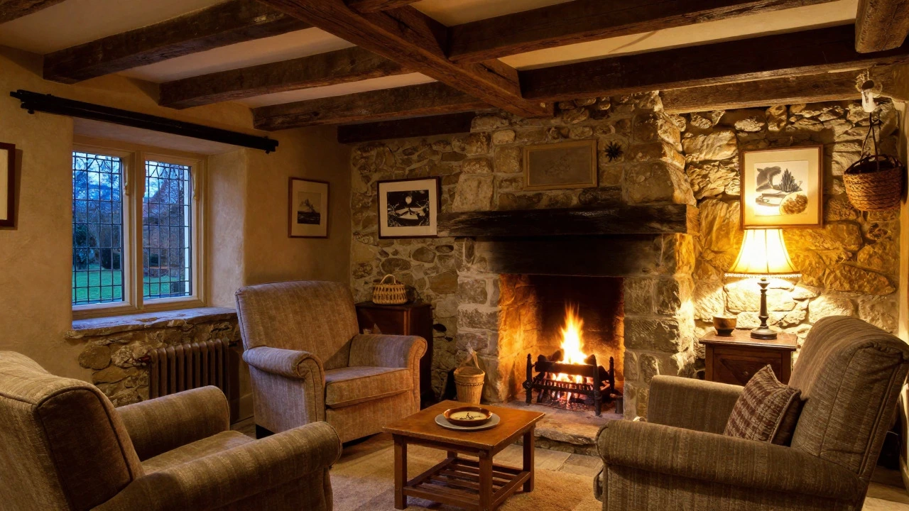 Cozy interior of a rustic stone cottage with a fireplace and exposed wooden beams
