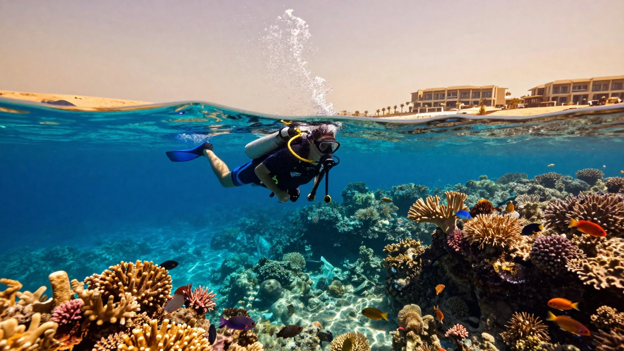 Diver exploring colorful coral reefs near an Egyptian beach resort