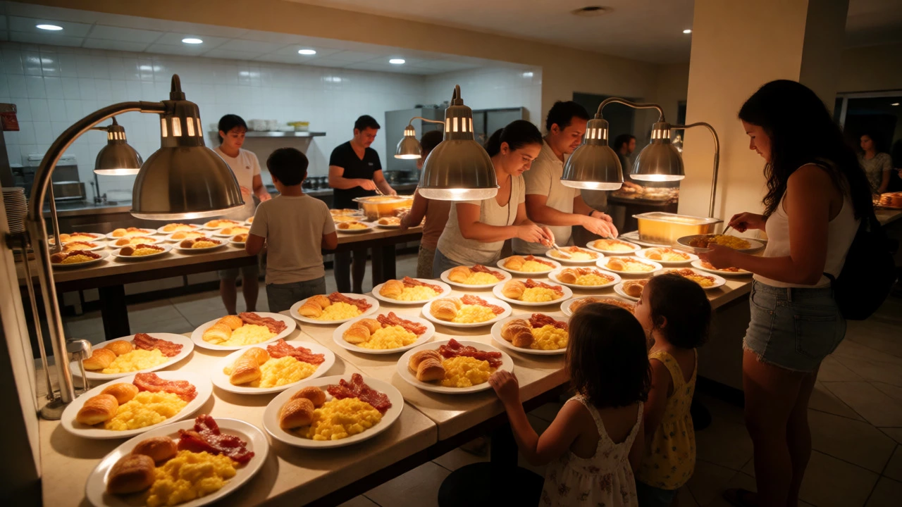 Family navigating a crowded, repetitive all-inclusive hotel breakfast buffet