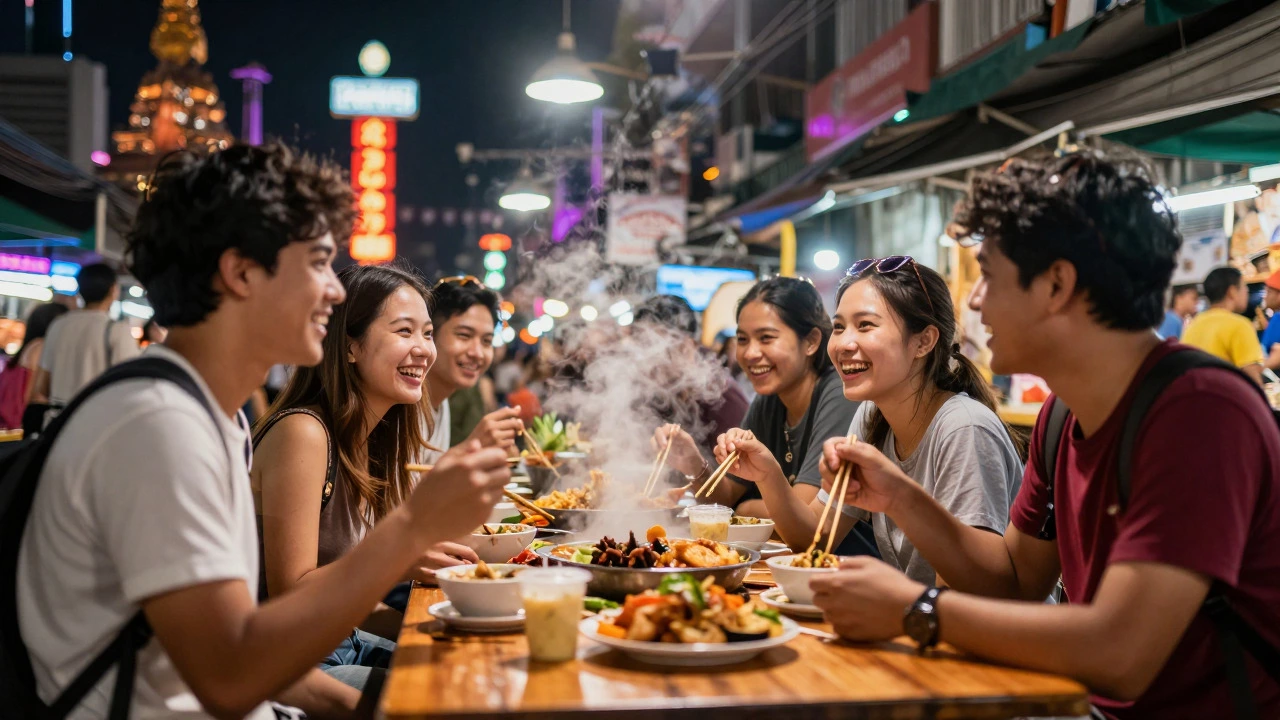 Group of friends eating street food at a Bangkok night market