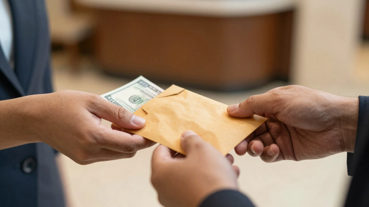 Hands exchanging an envelope of cash tips in a respectful manner.
