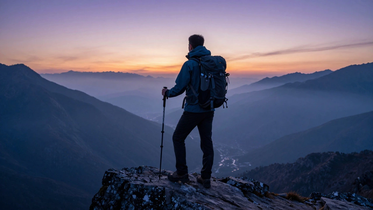 Hiker on mountain ridge at sunrise with trekking poles