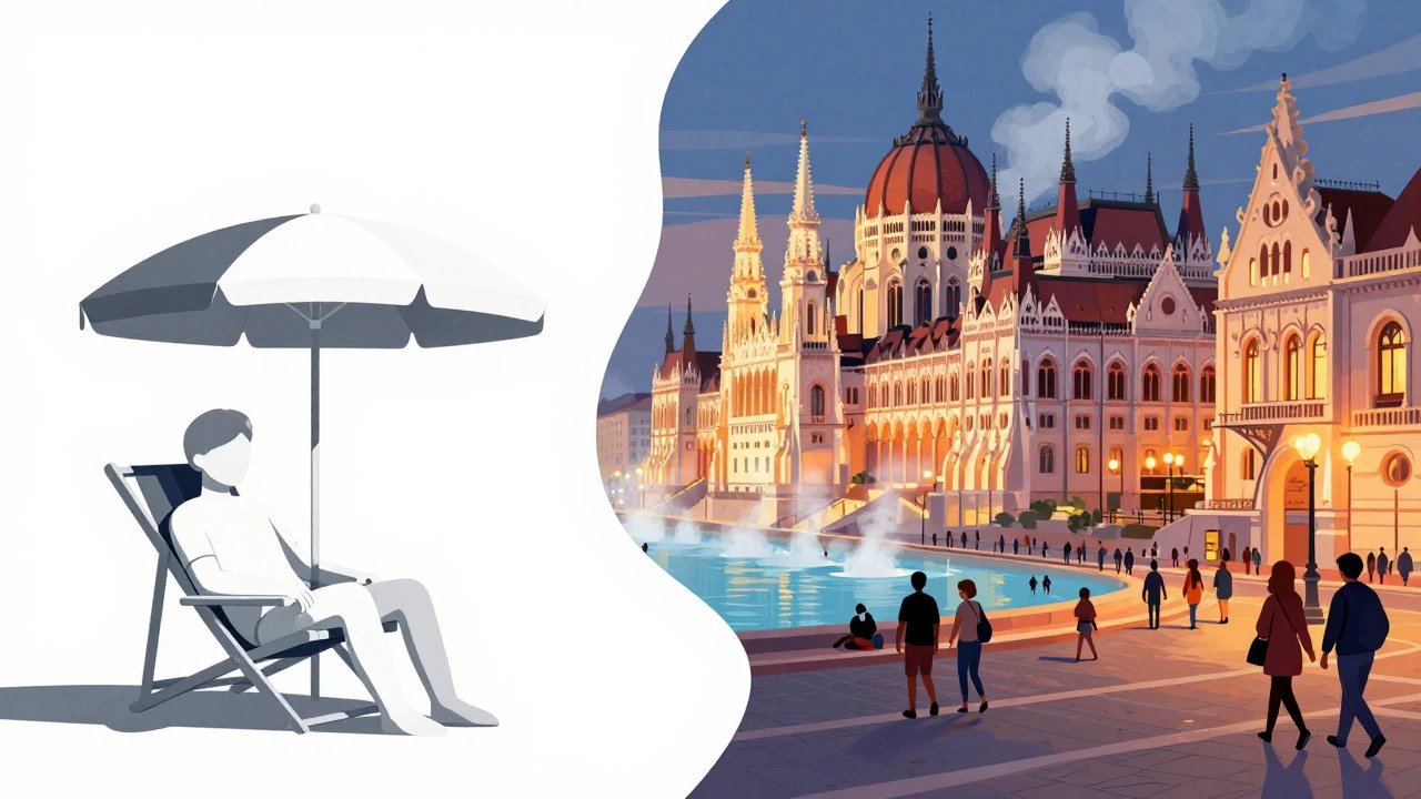 Illustration contrasting a quiet beach resort with a lively city break