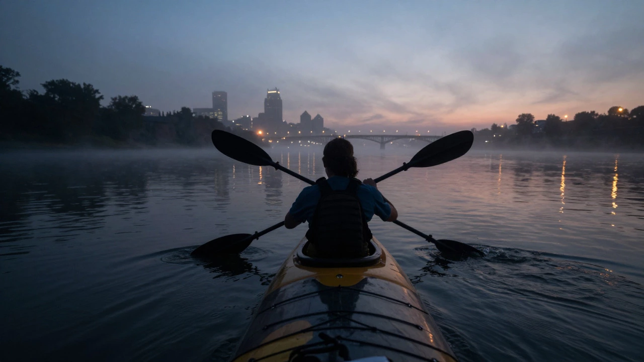 Kayaker paddling on the Ohio River with city lights in the distance