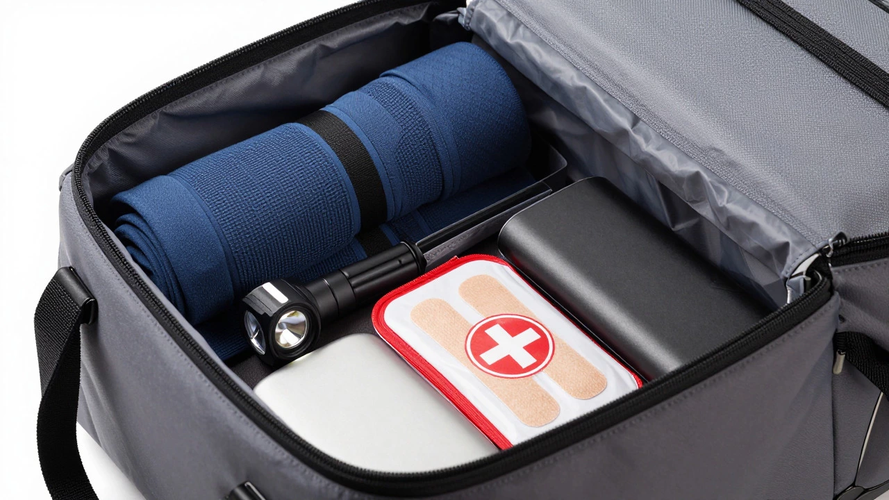 Open bag packed with hiking essentials and first aid