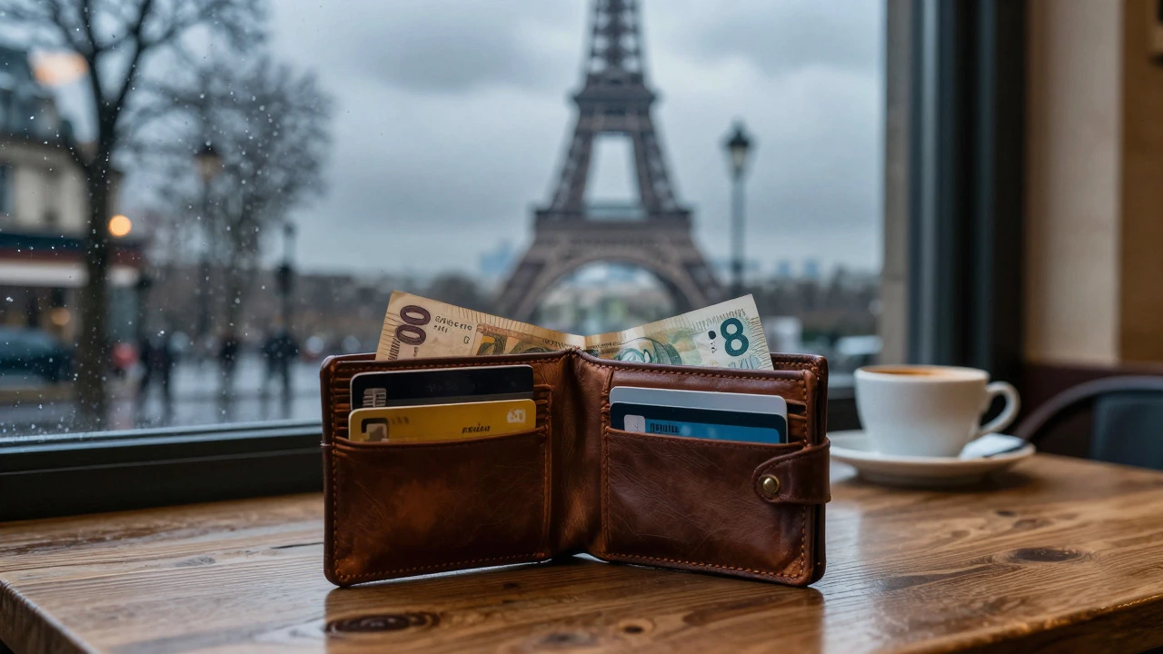 Open wallet on a cafe table overlooking rainy Paris in November
