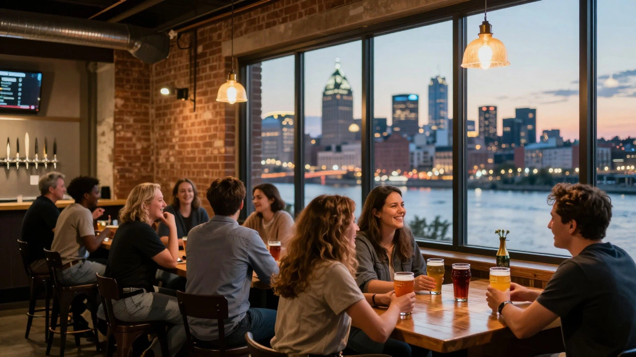 People enjoying craft beer in a brewery with a river view