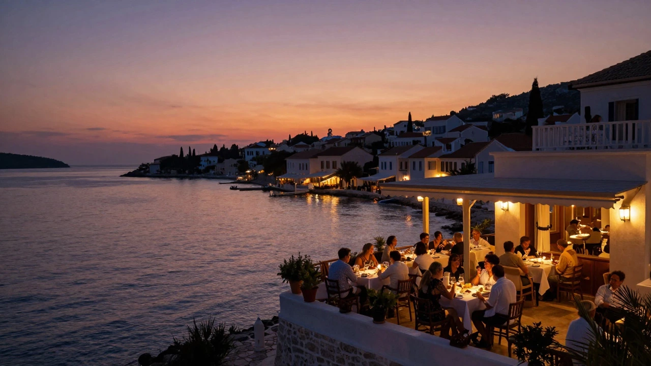 Serene sunset view of a quiet Mediterranean coastal hotel terrace