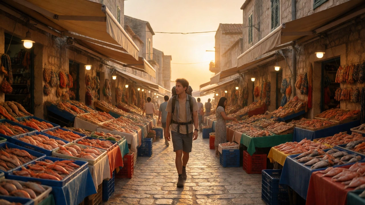 Solo traveler exploring a vibrant local street market at sunset