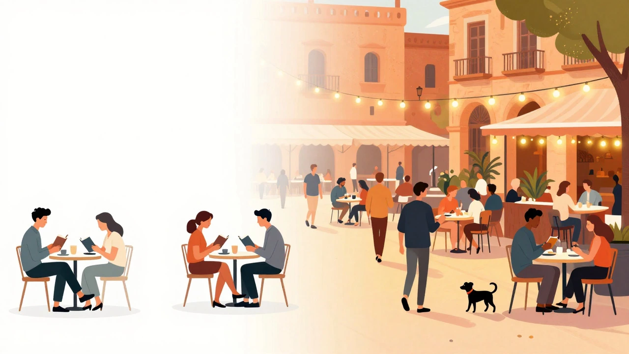 Split image comparing quiet Nordic cafe and lively Spanish plaza