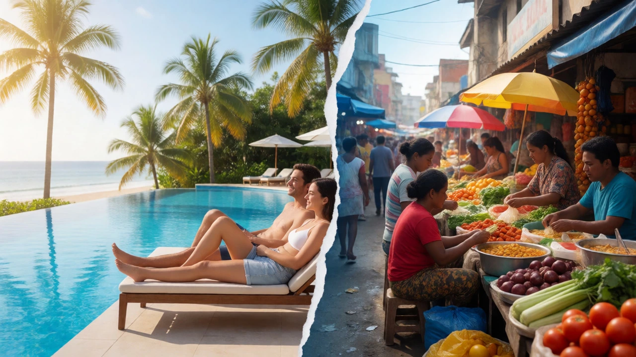Split view of a relaxing resort poolside scene versus a busy local street market.