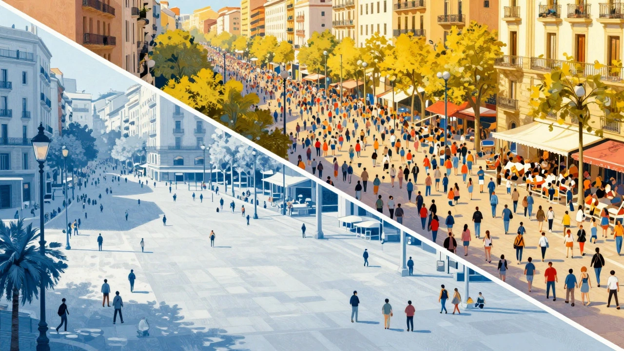 Split view of crowded summer Barcelona vs empty winter city