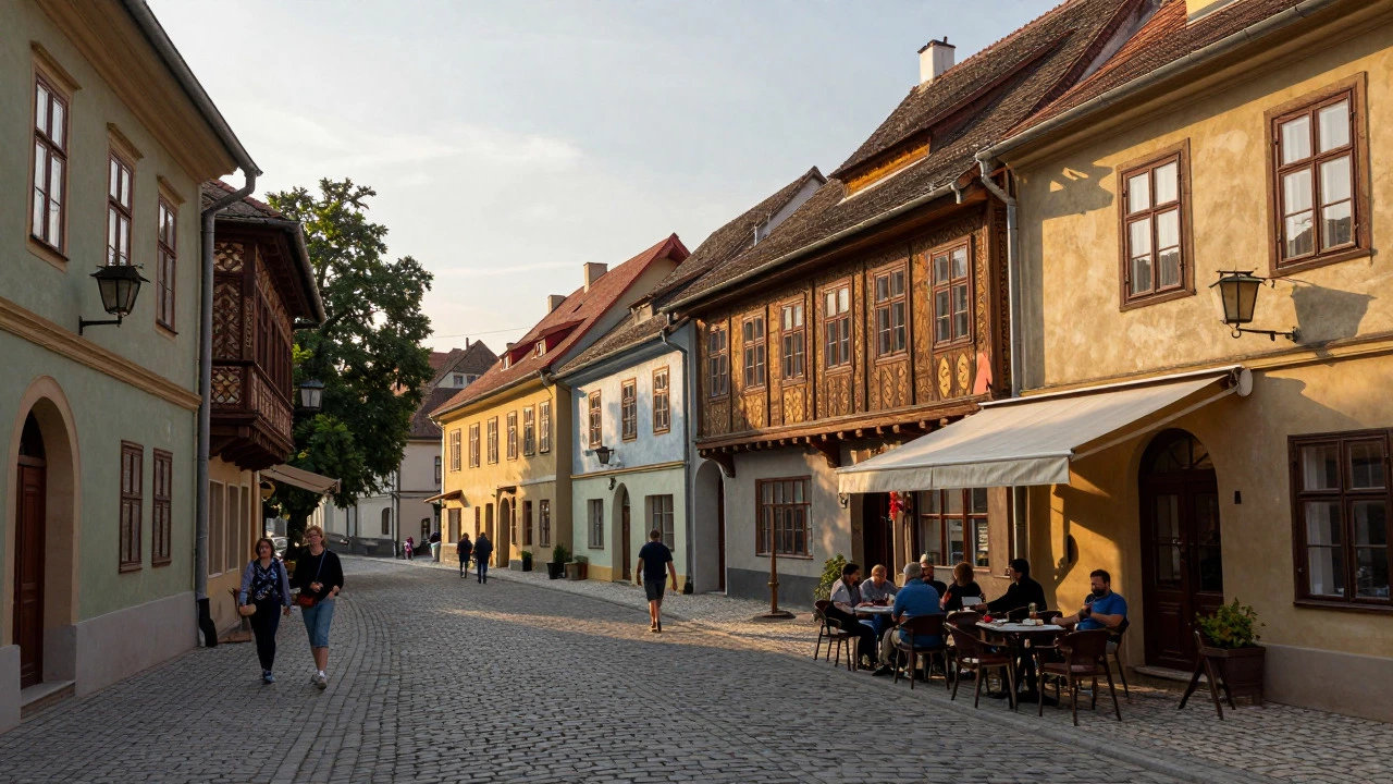 Tourists walking through historic cobblestone streets in Brasov, Romania