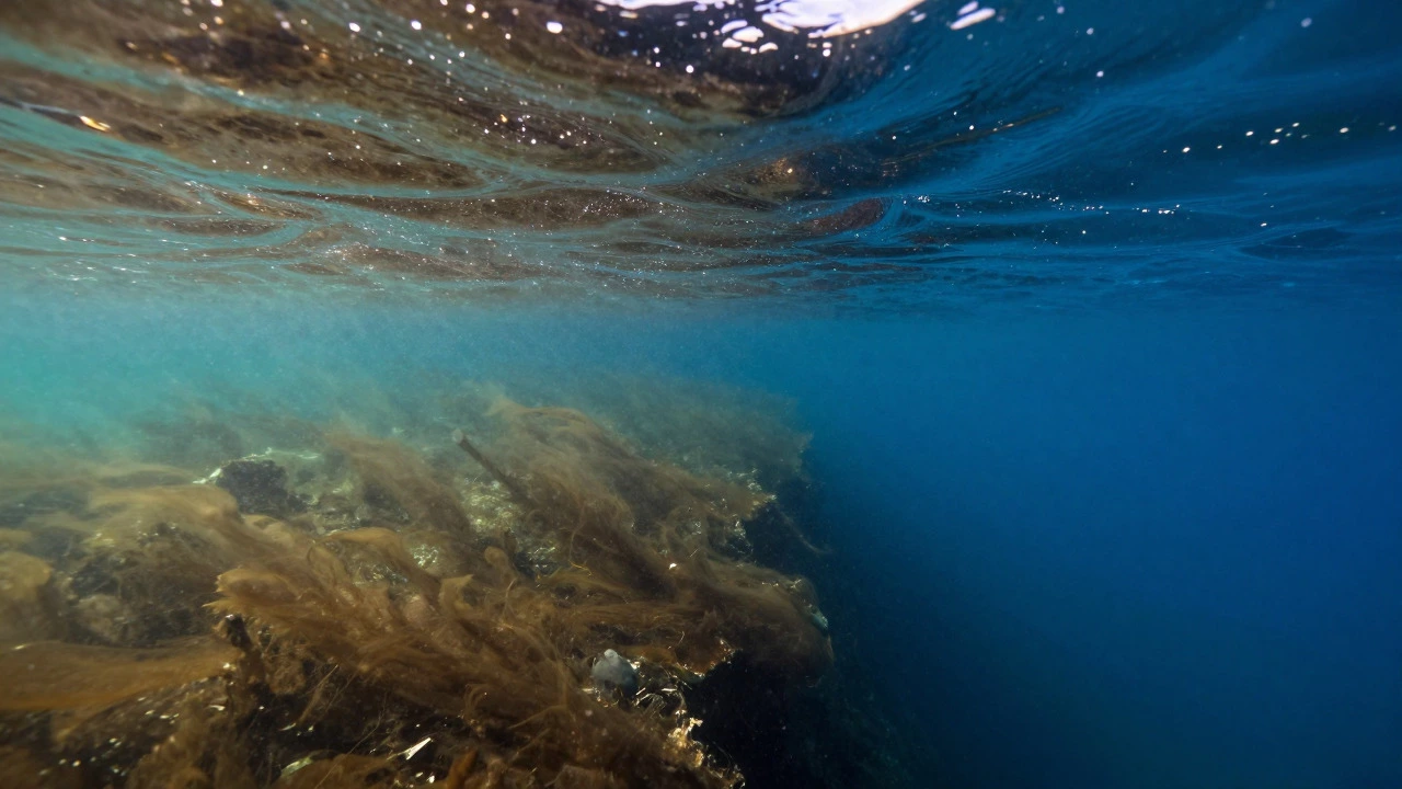 Underwater view showing the transition from murky river water to clear blue sea