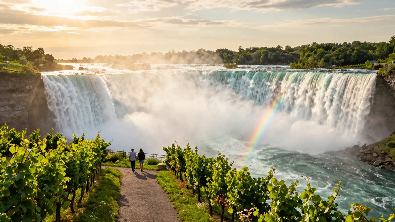 View of Niagara Falls from a vineyard path with a couple walking in the foreground