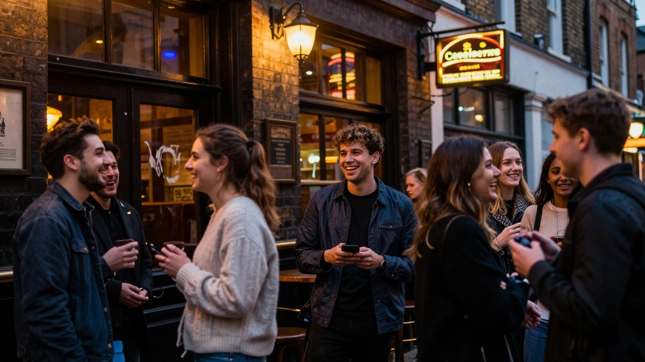 Young professionals socializing outside a London pub
