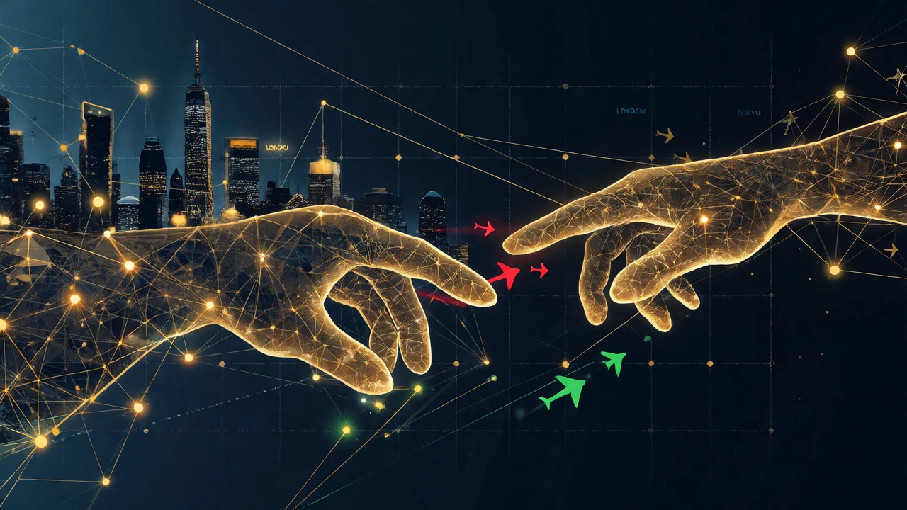 Abstract visualization of airline algorithms connecting global cities via data