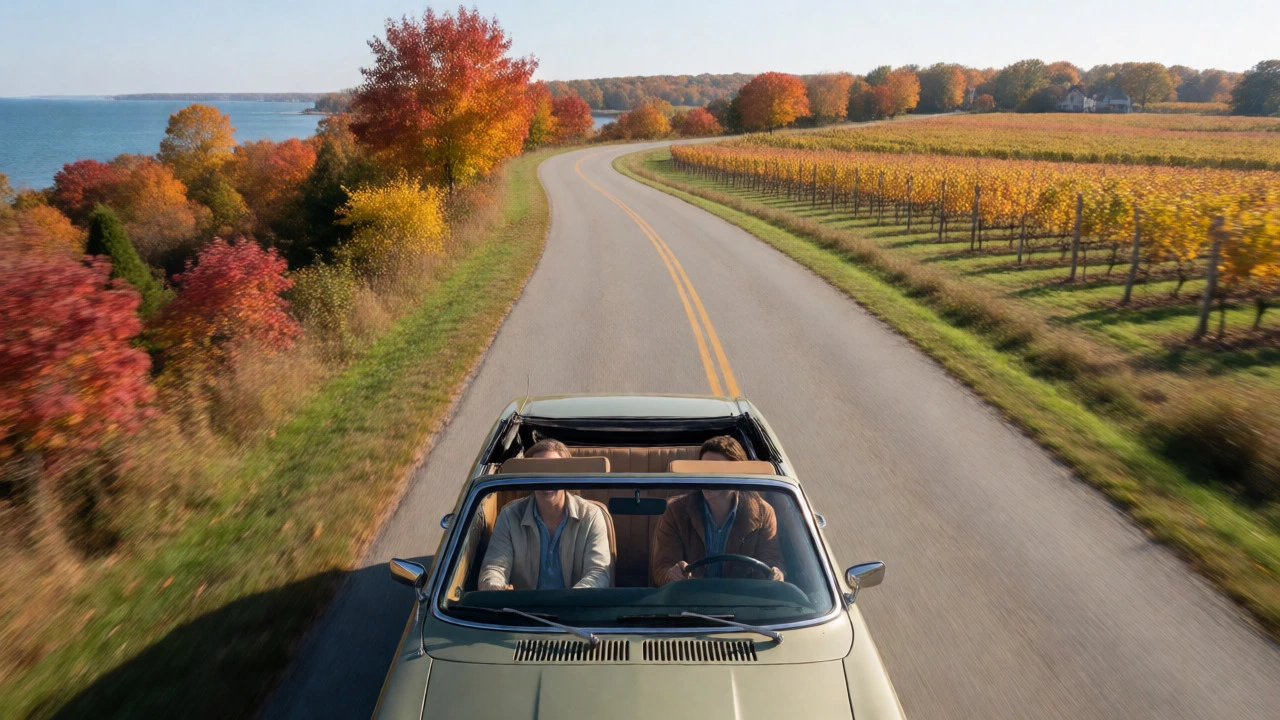 Aerial view of a couple in a convertible driving through autumn vineyards.