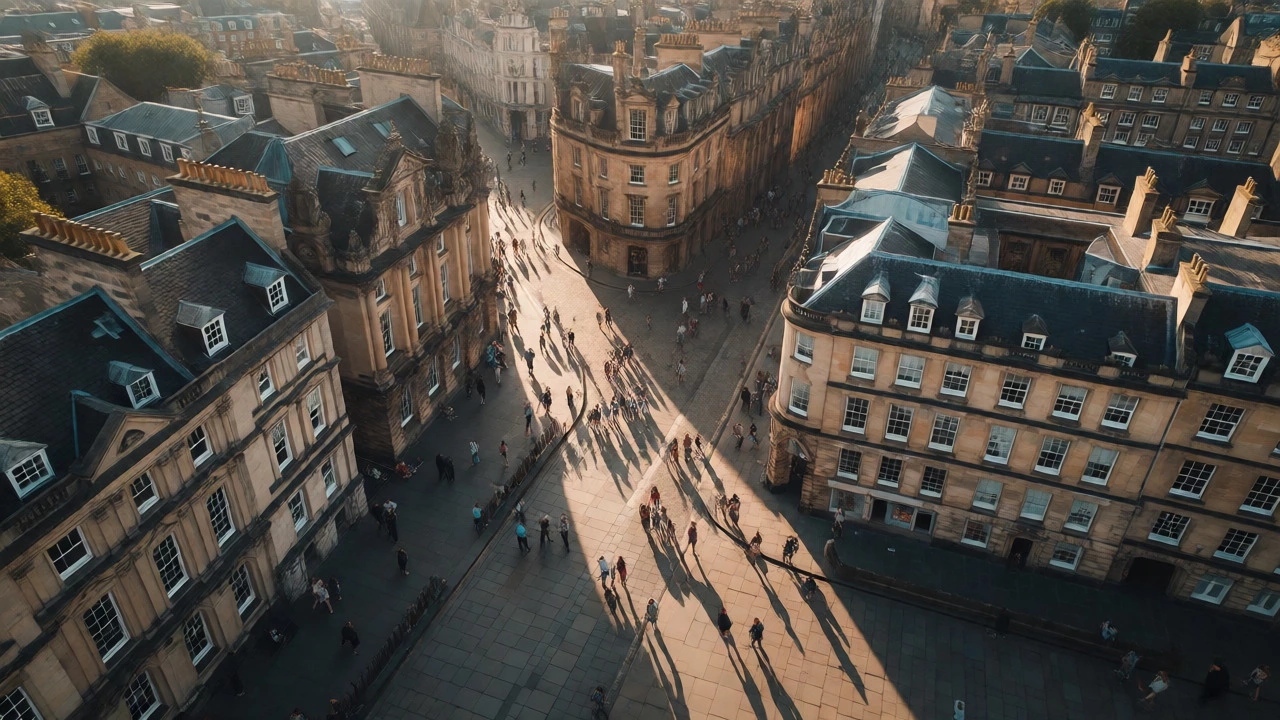 Aerial view of a historic UK city street during a busy weekend break