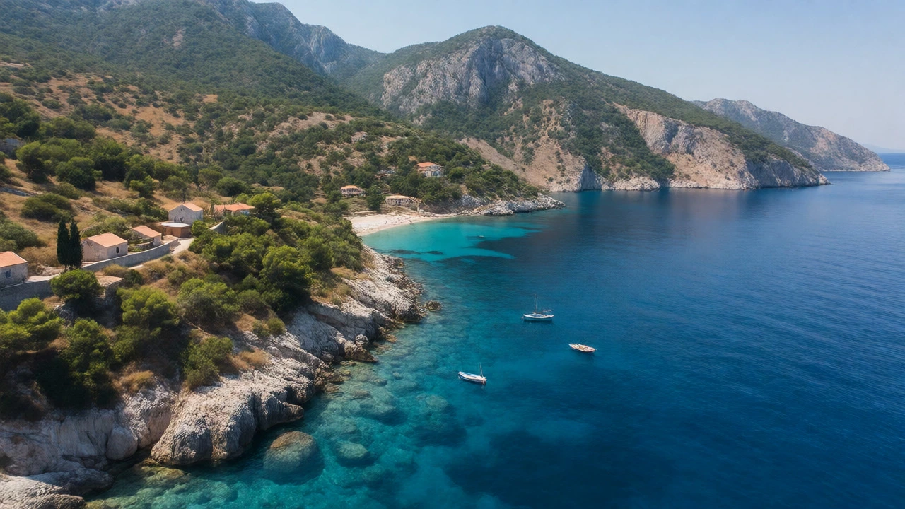 Aerial view of pristine Albanian coastline with clear blue water and green hills.