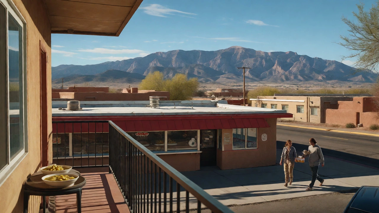 Albuquerque cityscape with mountains and a local diner scene