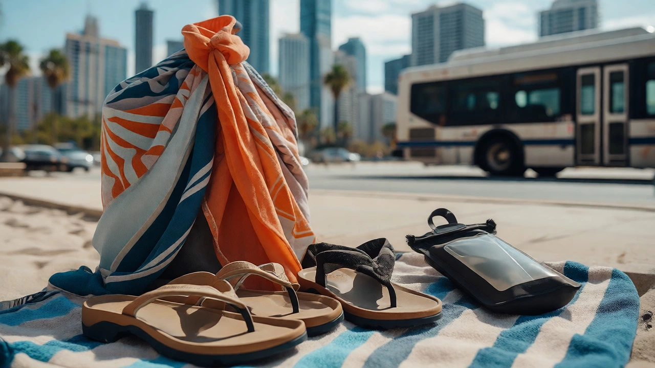 Beach essentials including sarong, sandals, and waterproof phone pouch