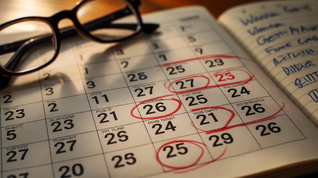 Calendar with circled dates and notes for flight booking