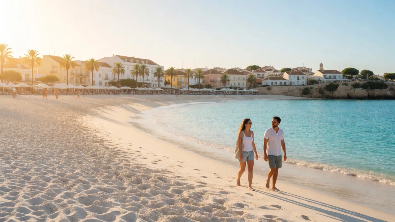 Couple enjoying a sunny beach in Portugal during golden hour.