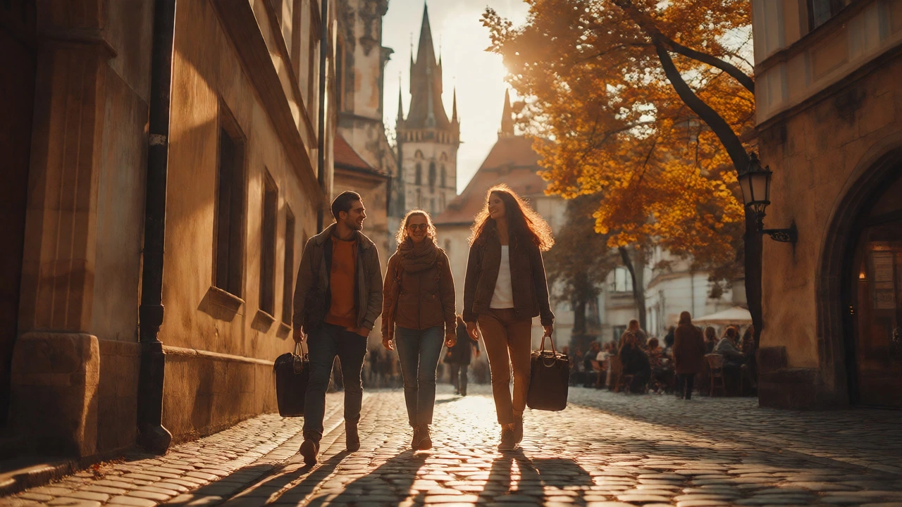 Couple enjoying spontaneous autumn city break in Prague