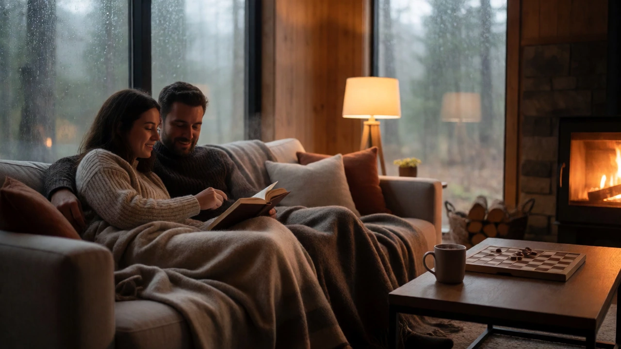 Couple relaxing on a cozy sofa in a cabin with a fireplace and rain outside.