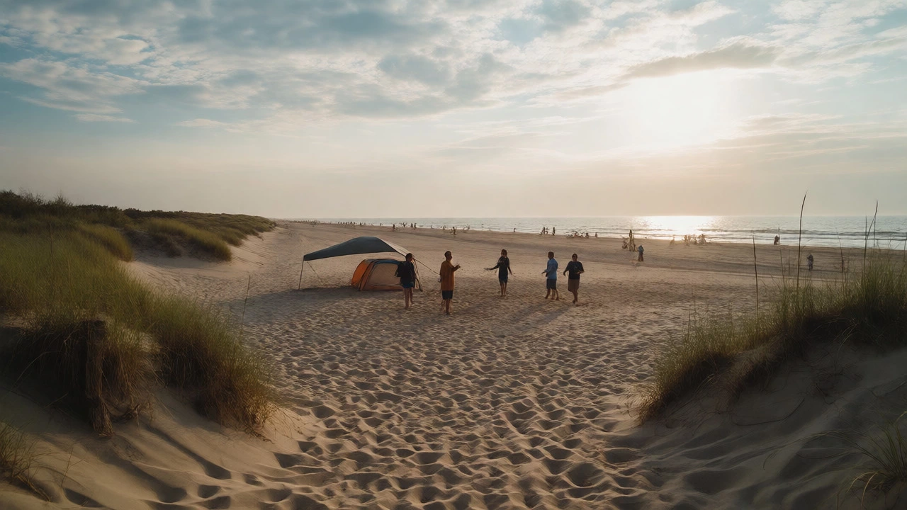 Friends playing frisbee at a quiet secondary beach spot in late afternoon