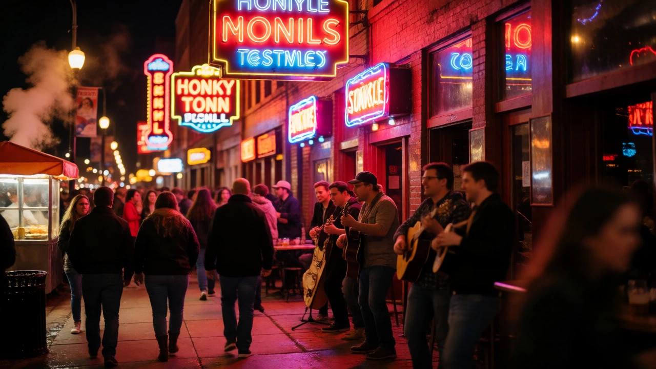 Neon-lit nightlife scene on Nashville's Broadway Street
