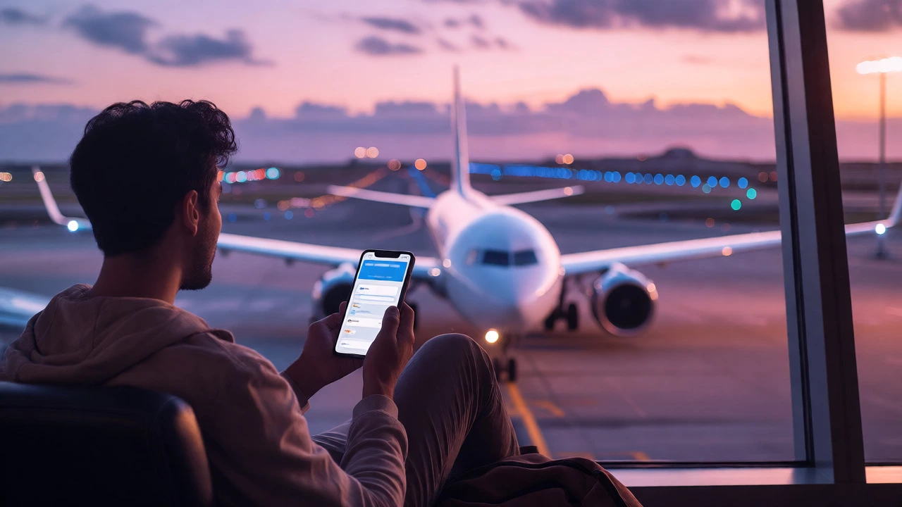 Relaxed traveler at airport window checking flight app during sunset
