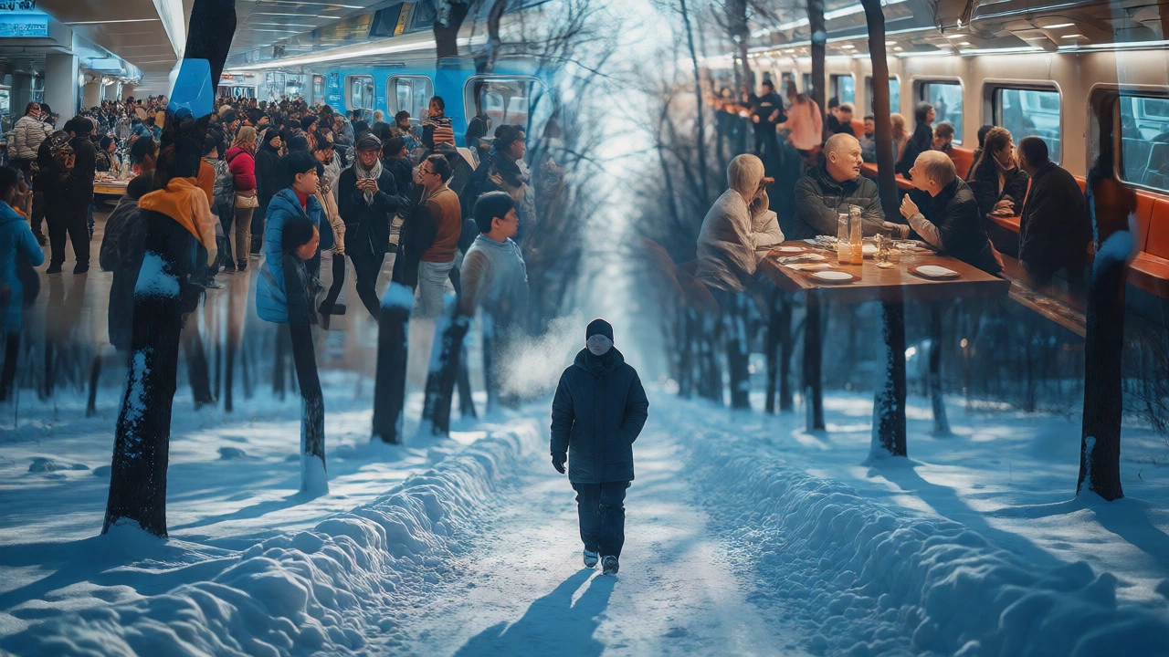 Solitary winter walk overlaid with chaotic images of travel and family stress