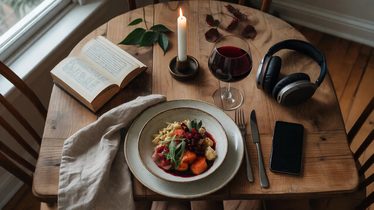 Solo dining setup with gourmet food, wine, and self-care items on a wooden table