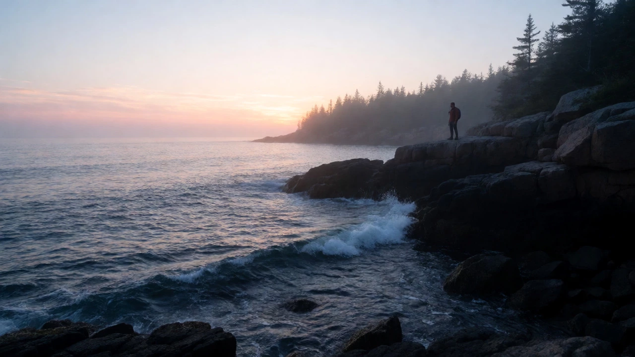 Sunrise view over rocky Maine coastline and ocean