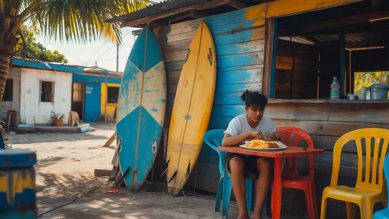 Traveler eating locally in San Juan del Sur, Nicaragua, with surfboards nearby.