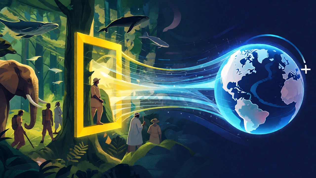 Abstract illustration of nature flowing through a yellow portal to a globe