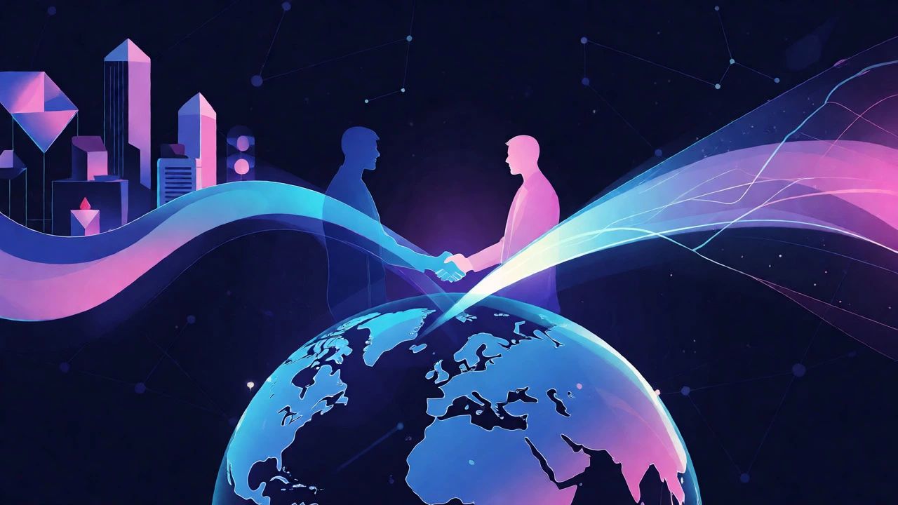 Abstract illustration of two distinct paths merging into a bridge over a globe