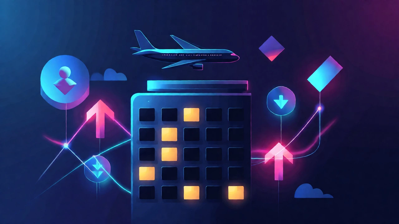 Abstract visualization of dynamic pricing connecting empty hotel rooms and flights to travelers.