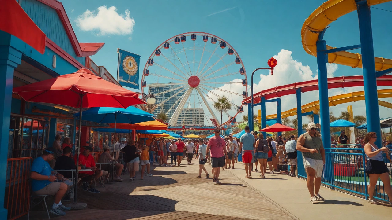 Bustling Central Myrtle Beach boardwalk with SkyWheel and crowds under bright sun