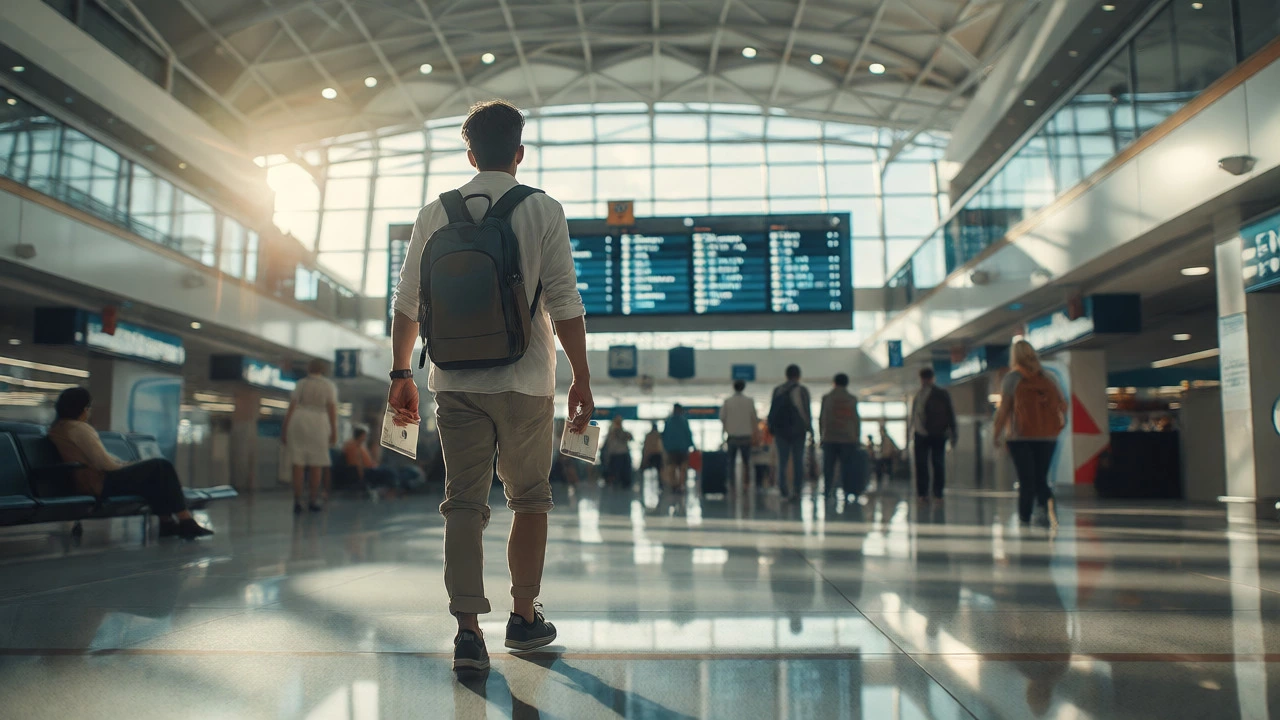 Confident solo traveler walking through an airport terminal with passport ready for departure.